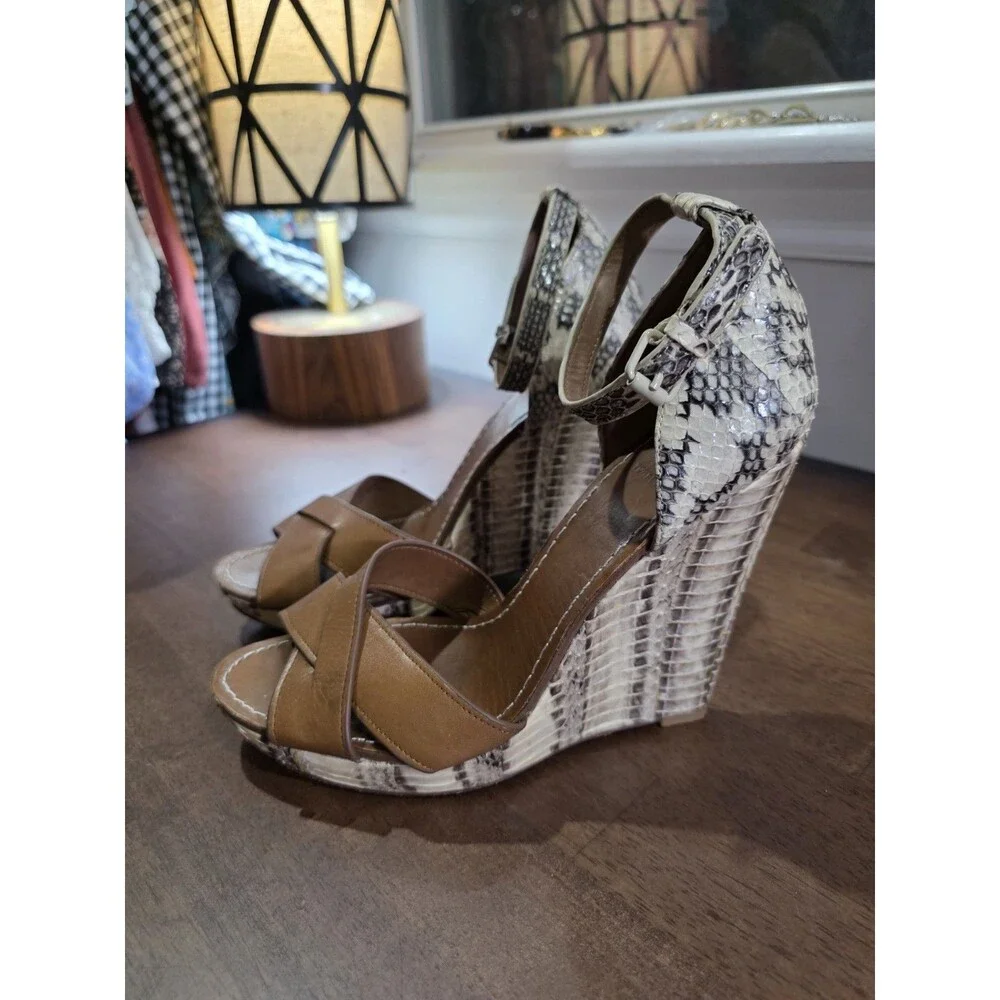 Tory Burch Livia Genuine Snakeskin Leather Platform Wedge Sandals Size 7.5 M
